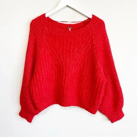 BOGO! Free People Carter Soft Chunky Knit Pullover Red Size Medium - Picture 5 of 10